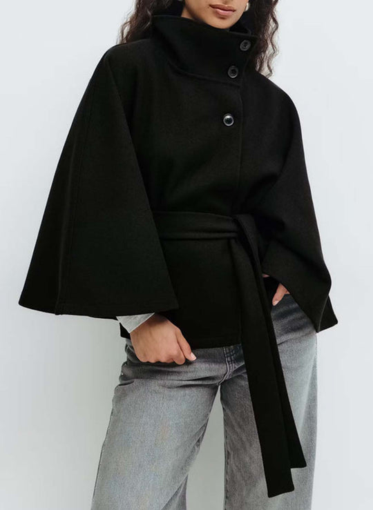 Damen Kurzcape-Mantel mit Stehkragen, Oversize-Ärmeln und Bindegürtel Nord Taschen
