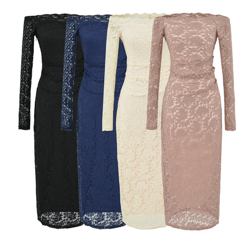 Damen Schulterfreies Spitzenkleid mit Taillenraffung und Langarm Nord Taschen