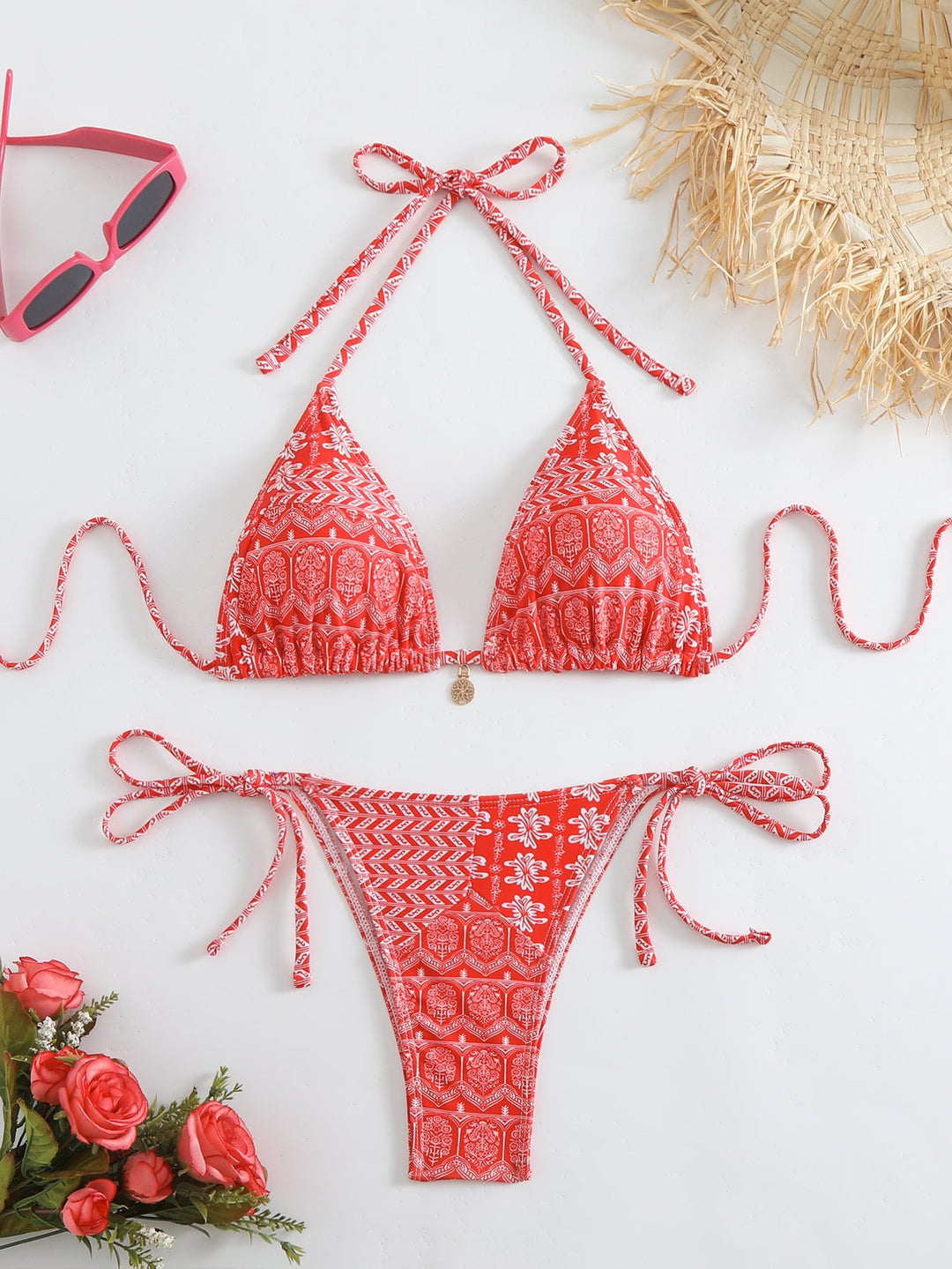 Damen Triangel-Bikini mit liNord Taschenevollem Blumenmuster und verstellbaren Trägern