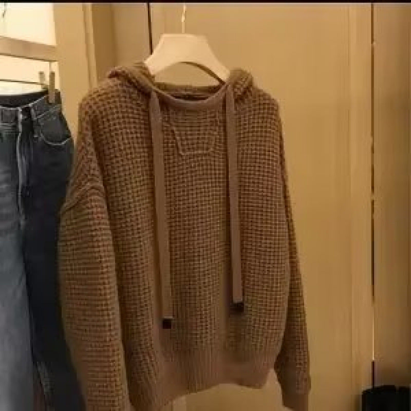 Damen Grobgestrickter Oversize-Kapuzenpullover mit Waffelstruktur und Kordelzug Nord Taschen