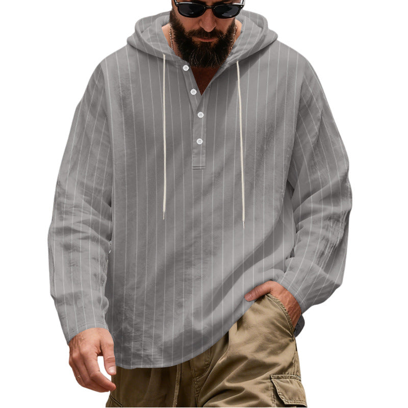 Herren Lässiges Kapuzen-Henleyshirt mit feinen Nadelstreifen und Knopfleiste Nord Taschen