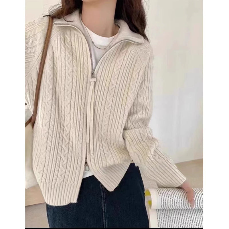 Damen Kastiger Zopfstrick‑Cardigan mit Zweiwege‑Reißverschluss, Stehkragen und breitem Rippsaum Nord Taschen