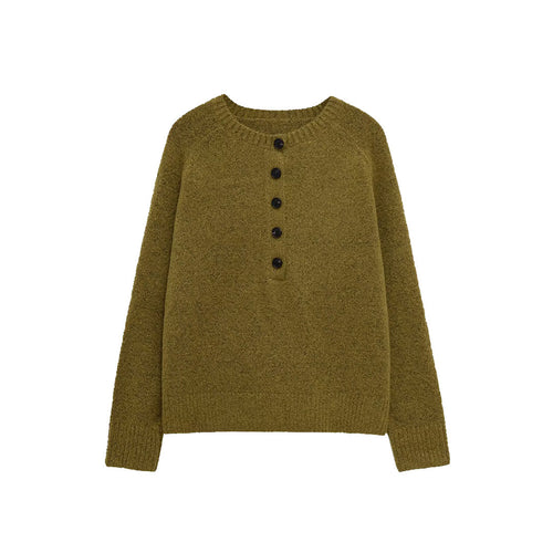 Damen Bouclé-Pullover mit Henley-Knopfleiste und Raglanärmeln Nord Taschen
