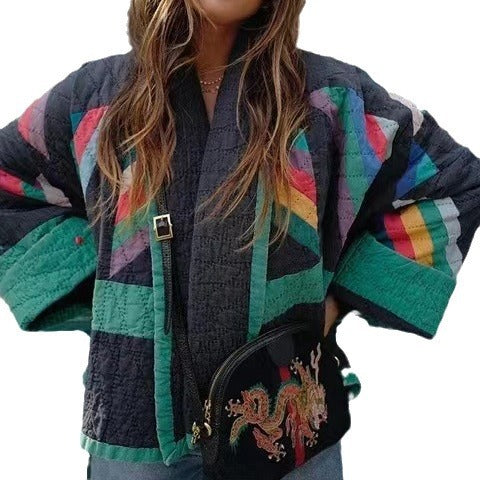 Damen wattierte Kimono-Steppjacke mit Patchwork-Design und weiten Ärmeln Nord Taschen