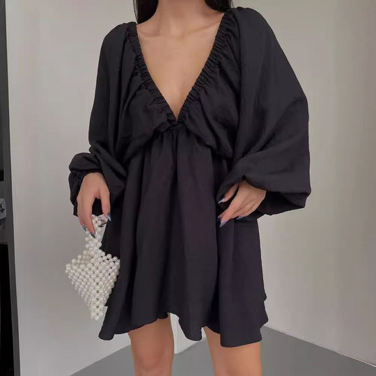 Damen Lockeres Minikleid mit tiefem V-Ausschnitt und Ballonärmeln Nord Taschen