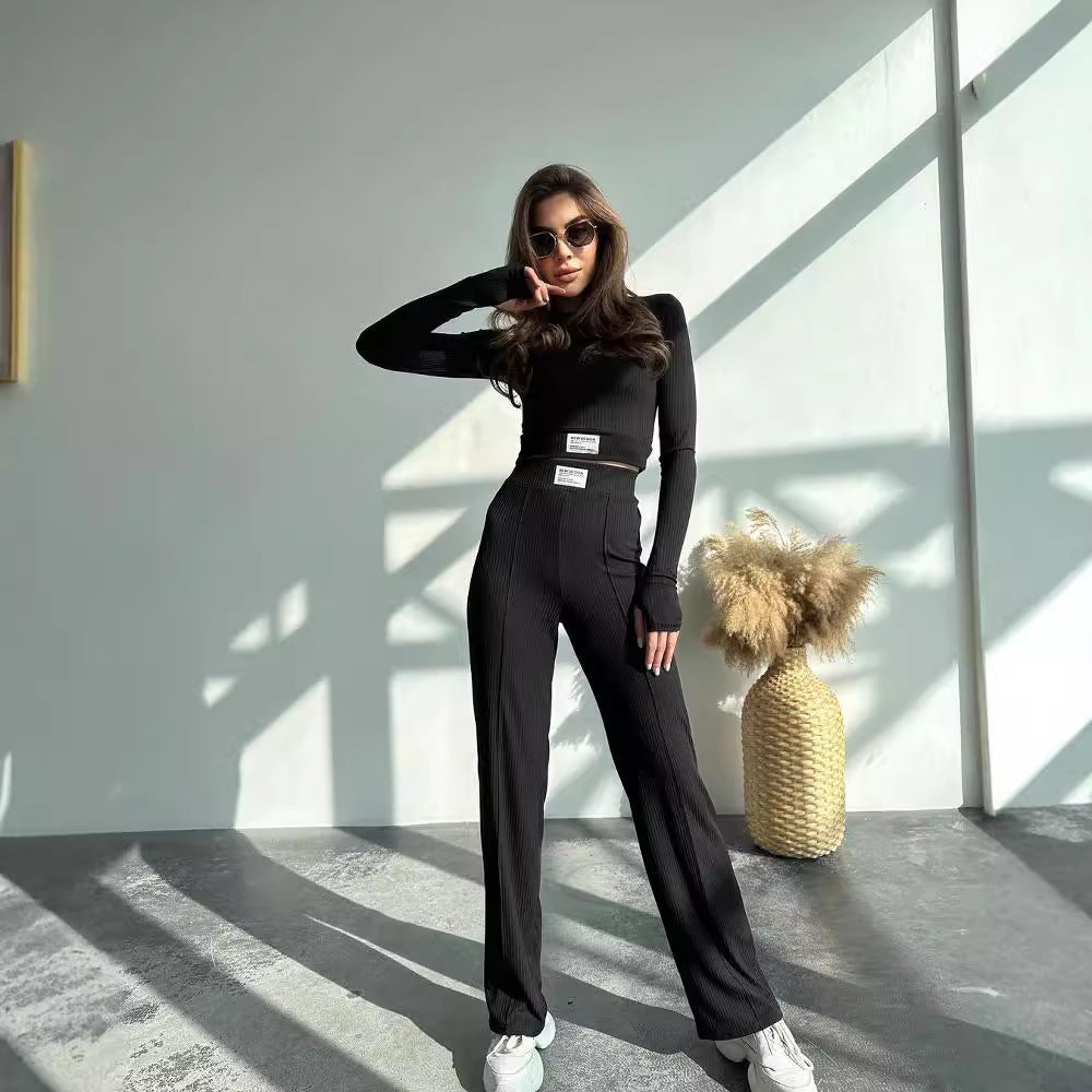 Damen Geripptes Zweiteiliges Loungewear-Set mit kurzem Langarmtop und High-Waist Weitbein-Hose Nord Taschen