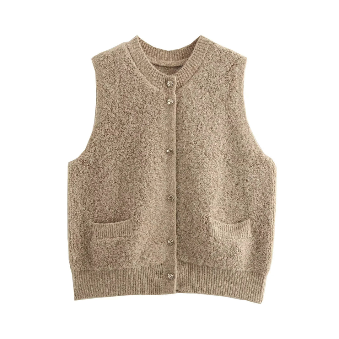 Damen Ärmellose Teddy‑Weste mit Knopfleiste und aufgesetzten Taschen Nord Taschen