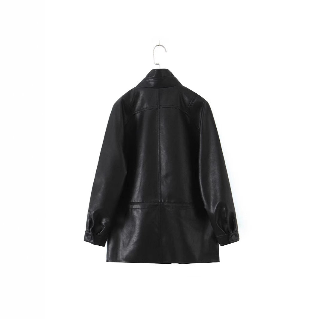 Damen Oversized Kunstlederjacke mit hohem Stehkragen und doppelreihiger Knopfleiste Nord Taschen