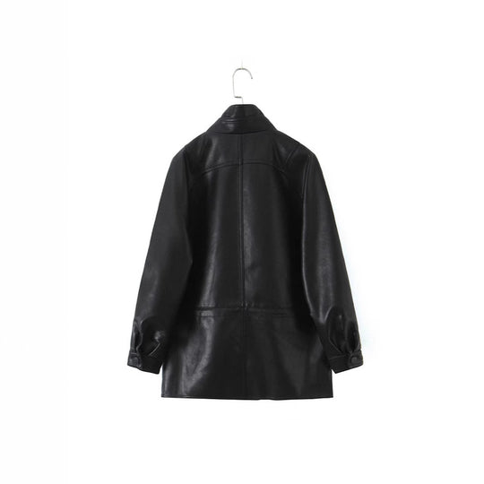 Damen Oversized Kunstlederjacke mit hohem Stehkragen und doppelreihiger Knopfleiste Nord Taschen
