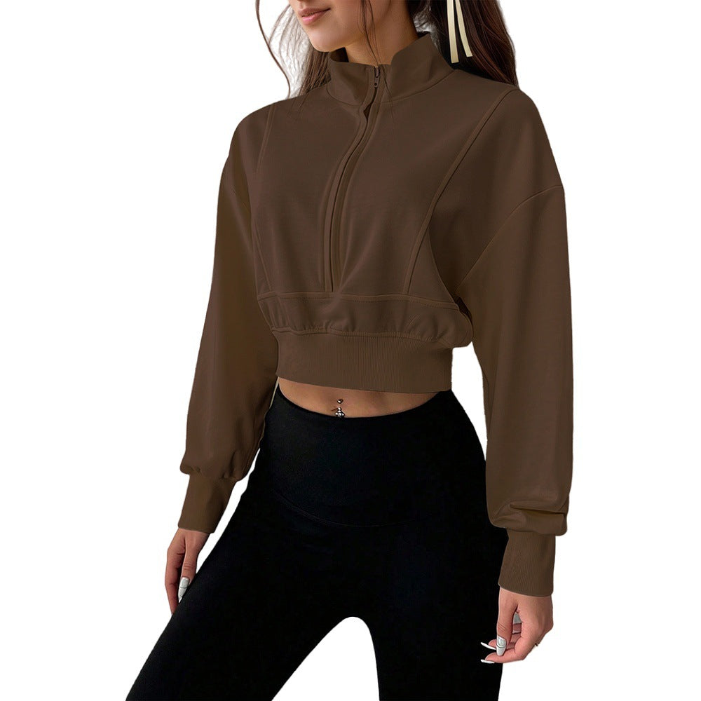 Damen kurzes Stehkragen-Sweatshirt mit halbem Reißverschluss, tailliertem Rippenbund und Daumenloch-Ärmeln Nord Taschen