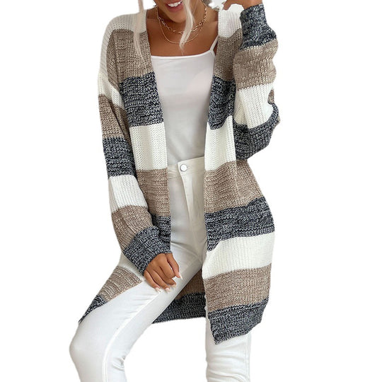 Damen Longline Strickcardigan mit breiten Blockstreifen, offener Front und überschnittener Schulter Nord Taschen