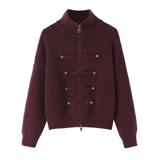 Damen Strickjacke mit Stehkragen, Reißverschluss und dekorativen Knotenblenden Nord Taschen