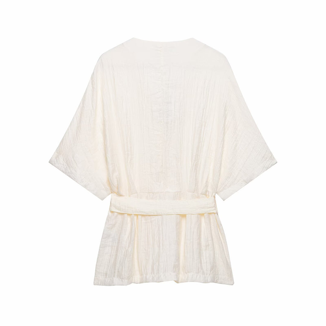 Damen Zweiteiler Kimono-Top mit Taillengürtel und weiter Bundfaltenhose Nord Taschen