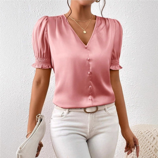 Damen Satinbluse mit Puffärmeln und eleganter Knopfleiste