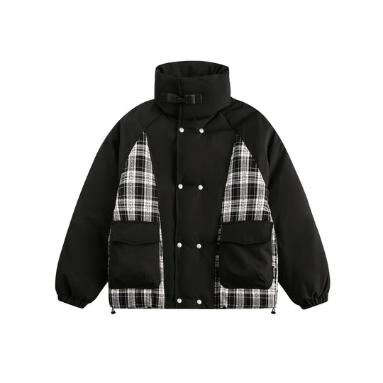 Unisex Oversize Stehkragen‑Pufferjacke mit karierter Einsatz‑Panel und Utility‑Taschen Nord Taschen