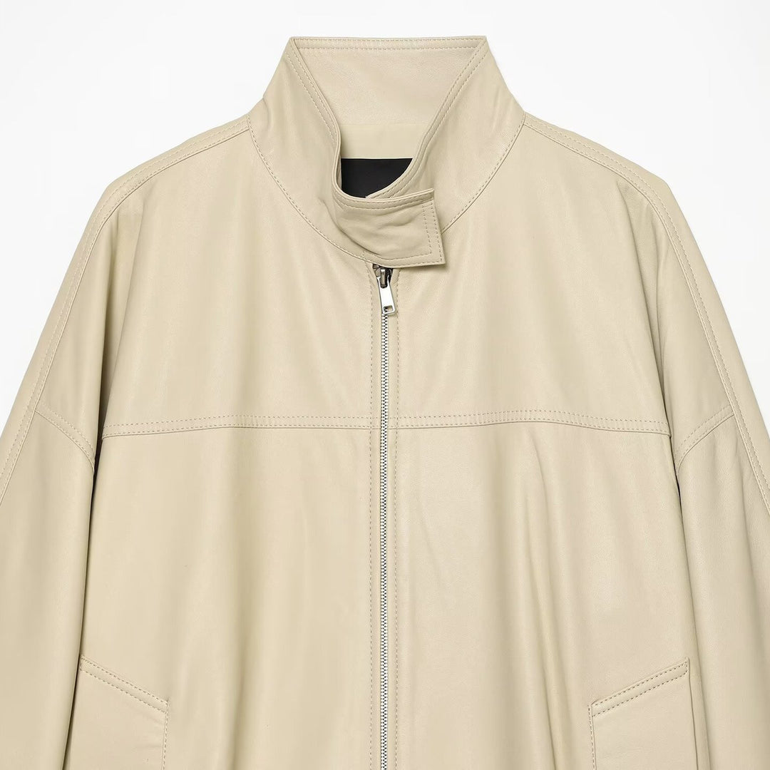 Damen Locker geschnittene Lederoptik-Übergangsjacke mit Stehkragen, Zwei-Wege-Reißverschluss und Kängurutaschen Nord Taschen
