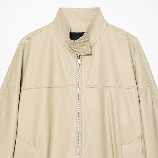 Damen Locker geschnittene Lederoptik-Übergangsjacke mit Stehkragen, Zwei-Wege-Reißverschluss und Kängurutaschen Nord Taschen
