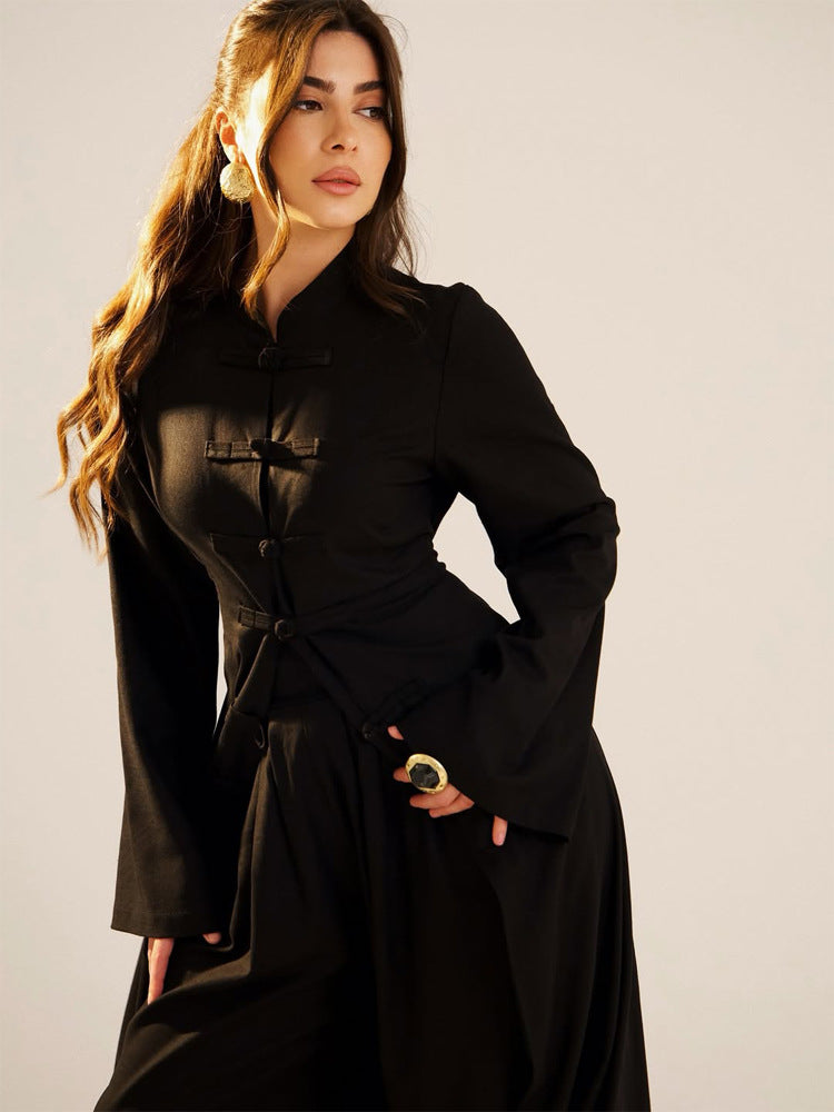 Damen Maxikleid mit Stehkragen, Mandarin-Knopfleiste und drapierter Rockpartie Nord Taschen