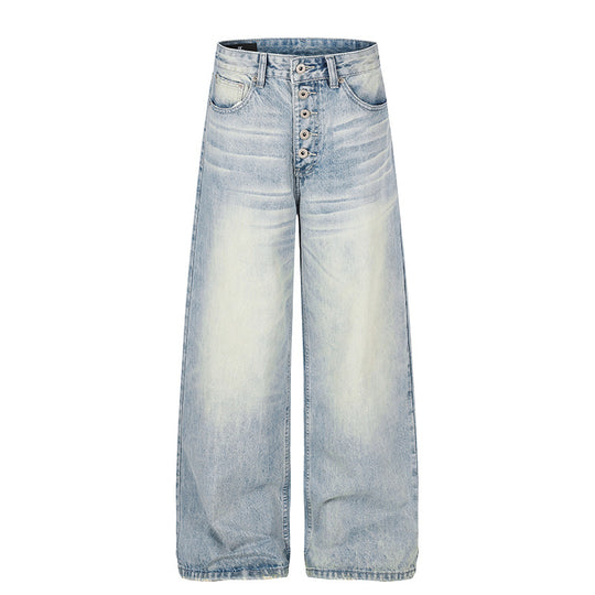 Damen High‑Waist weite Denim‑Palazzo‑Jeans mit Knopfleiste und Used‑Waschung Nord Taschen