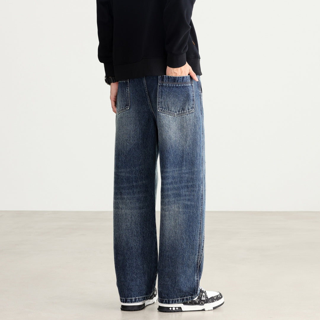 Herren Weite Denim-Hose mit Tunnelzugbund, Paneelnähten und Used-Waschung Nord Taschen