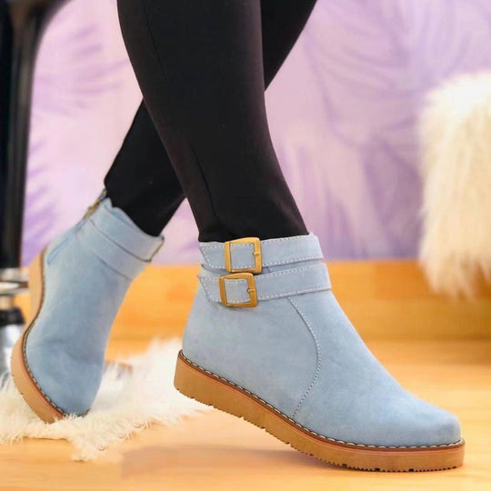 Damen Knöchelstiefel aus Veloursimitat mit Doppelriemen und flacher Keilsohle Nord Taschen