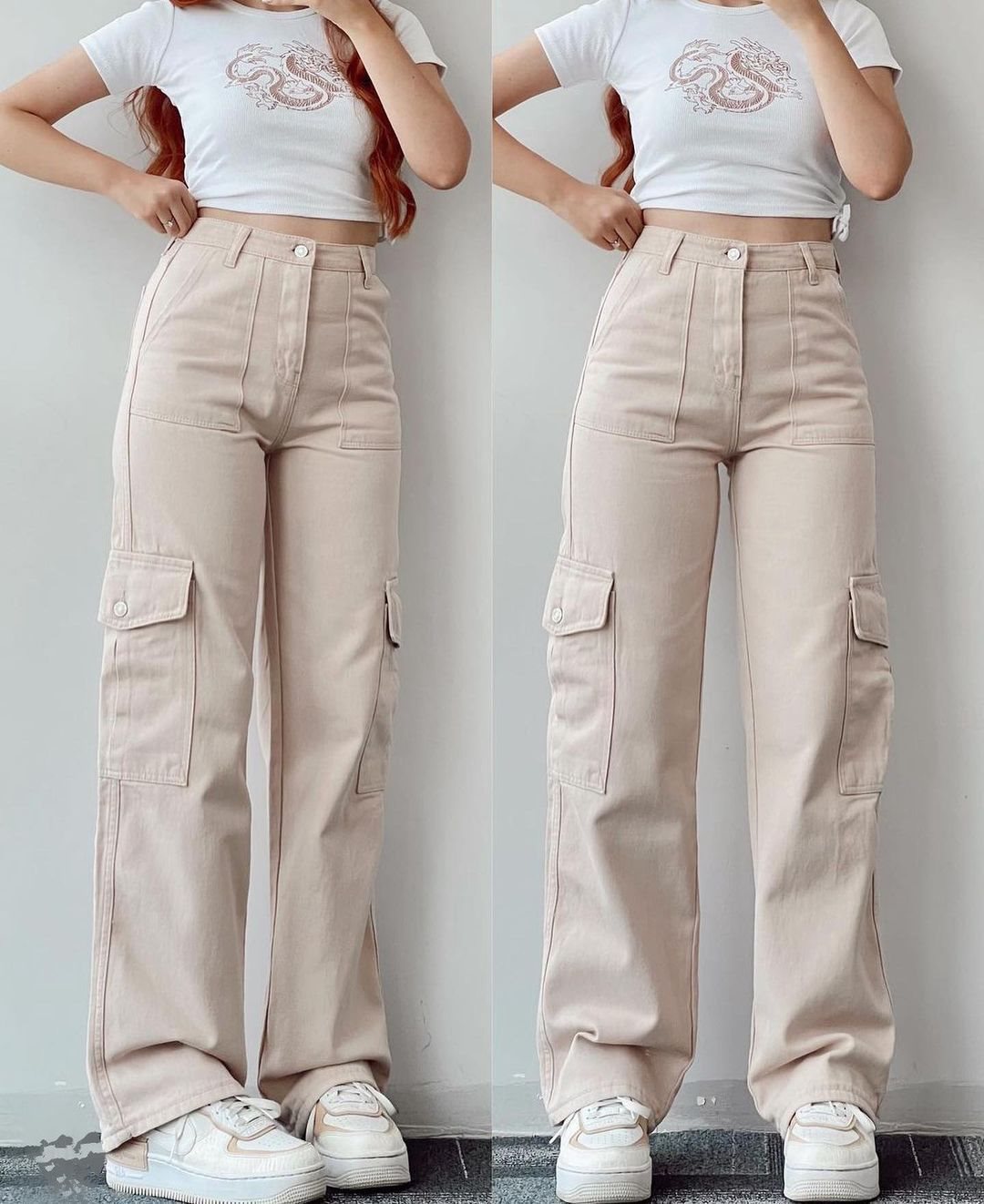 Damen High-Waist-Cargohose aus Twill mit aufgesetzten Klappentaschen und weitem Bein Nord Taschen