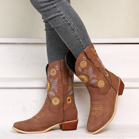Damen Bestickte Western‑Stiefel mit Sonnenblumenmotiv und mittlerem Blockabsatz Nord Taschen