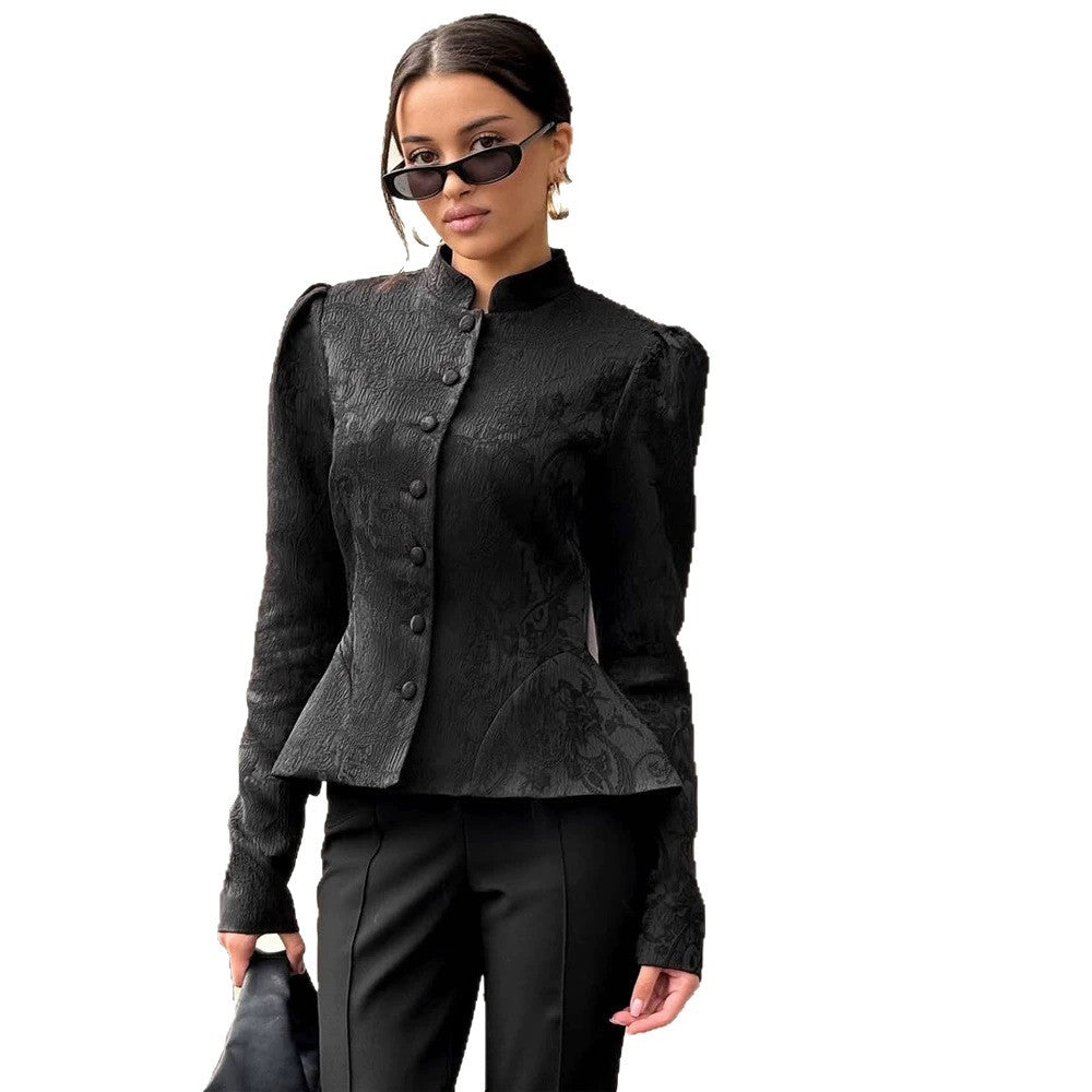 Damen taillierte Jacquard‑Bluse mit Stehkragen und dekorativer Knopfleiste Nord Taschen