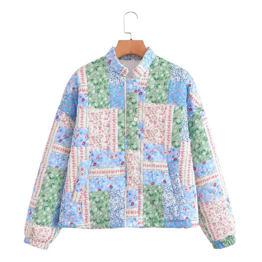Damen Gepolsterte Patchwork Steppjacke mit Stehkragen und Druckknopfverschluss Nord Taschen