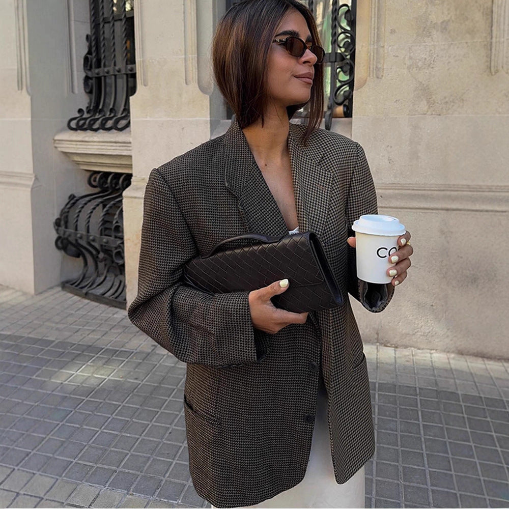 Damen Oversize Glencheck-Longblazer mit kastiger Silhouette und strukturierter Schulter Nord Taschen