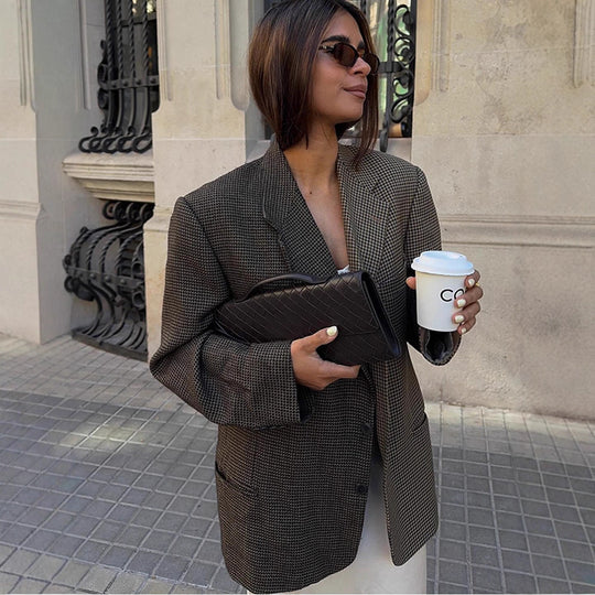 Damen Oversize Glencheck-Longblazer mit kastiger Silhouette und strukturierter Schulter Nord Taschen
