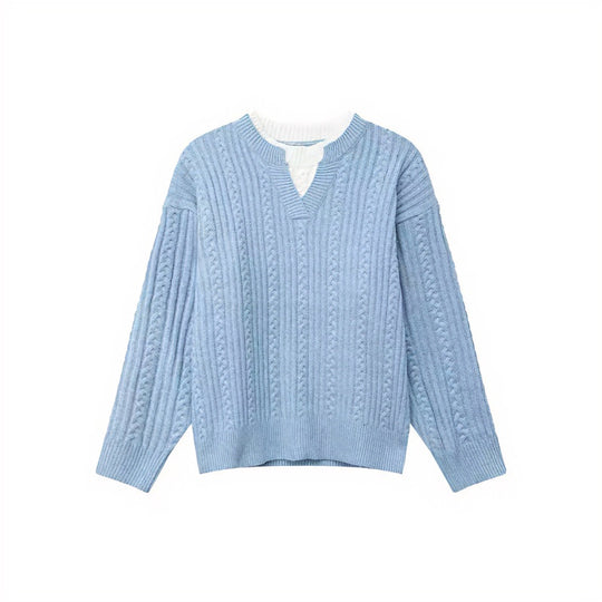 Damen Grobgestrickter Zopfmuster-Pullover mit V‑Ausschnitt und Lagen‑Optik Nord Taschen