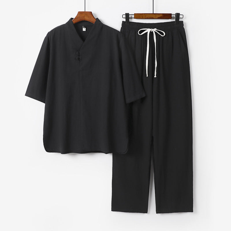 Herren Zweiteiliges Leichtes Loungewear-Set mit Stehkragen-Halbarmshirt und Kordelbund-Hose Nord Taschen