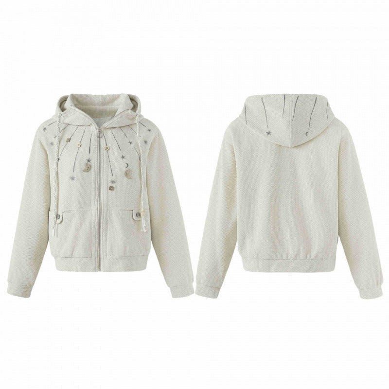 Damen Boxy-Strick-Kapuzenjacke mit himmlischer Stickerei, durchgehendem Reißverschluss und Kordelzug Nord Taschen
