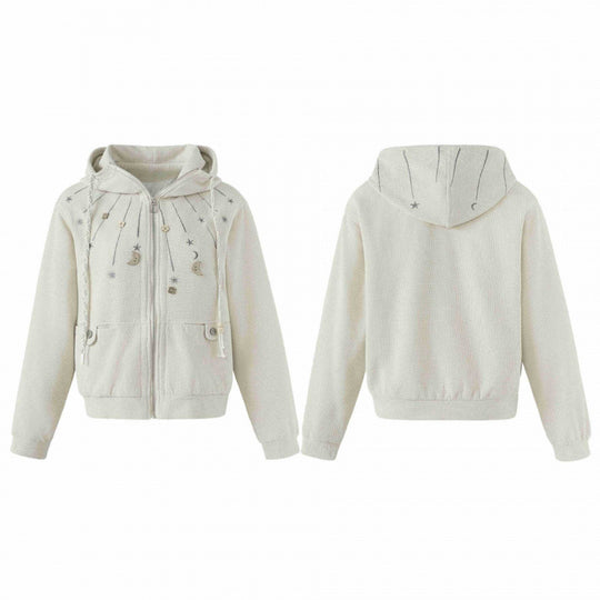 Damen Boxy-Strick-Kapuzenjacke mit himmlischer Stickerei, durchgehendem Reißverschluss und Kordelzug Nord Taschen
