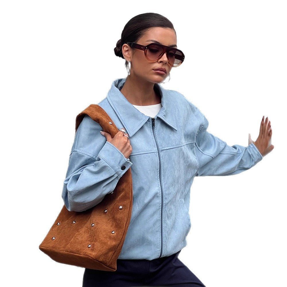 Damen Leichter Veloursleder-Optik Blouson mit Hemdkragen, durchgehendem Reißverschluss und kastiger Silhouette Nord Taschen