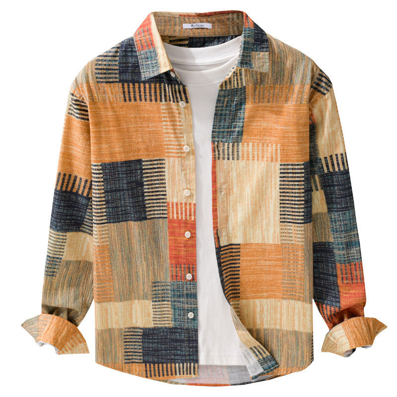 Herren Gemustertes Langarm-Hemd im Patchwork-Look aus leichtem Baumwollmix Relaxed Fit Nord Taschen