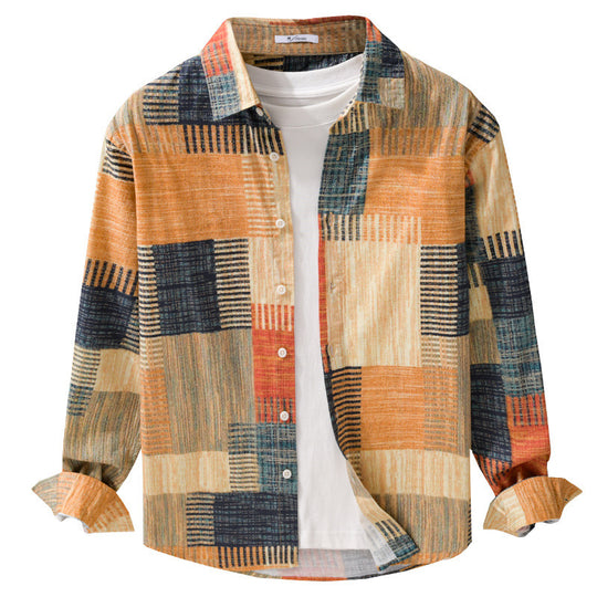 Herren Gemustertes Langarm-Hemd im Patchwork-Look aus leichtem Baumwollmix Relaxed Fit Nord Taschen