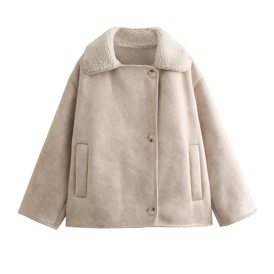 Damen Boxy-Jacke aus Faux-Shearling mit großem Teddykragen und Eingrifftaschen Nord Taschen