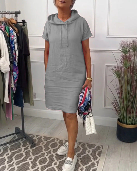 Damen nan legeres Kapuzenkleid mit kurzem Ärmel, geradem Schnitt und Kordelzug