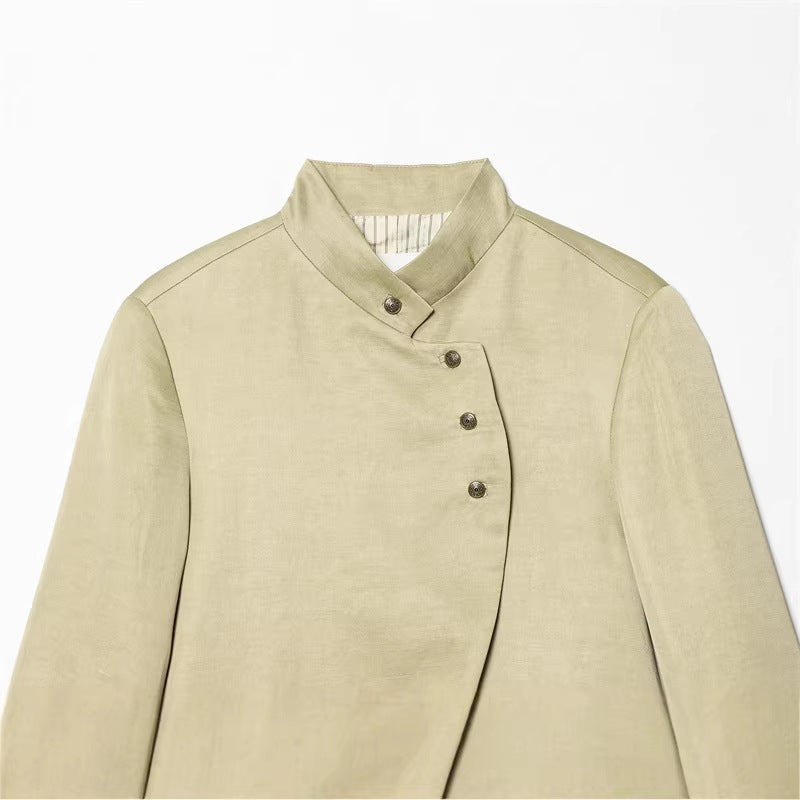 Damen Asymmetrische Blusenjacke mit Stehkragen und ausgestellten Manschetten Nord Taschen