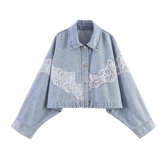 Damen Kurz geschnittene Jeansjacke mit Spitzenapplikation und Oversize-Kimonärmeln Nord Taschen