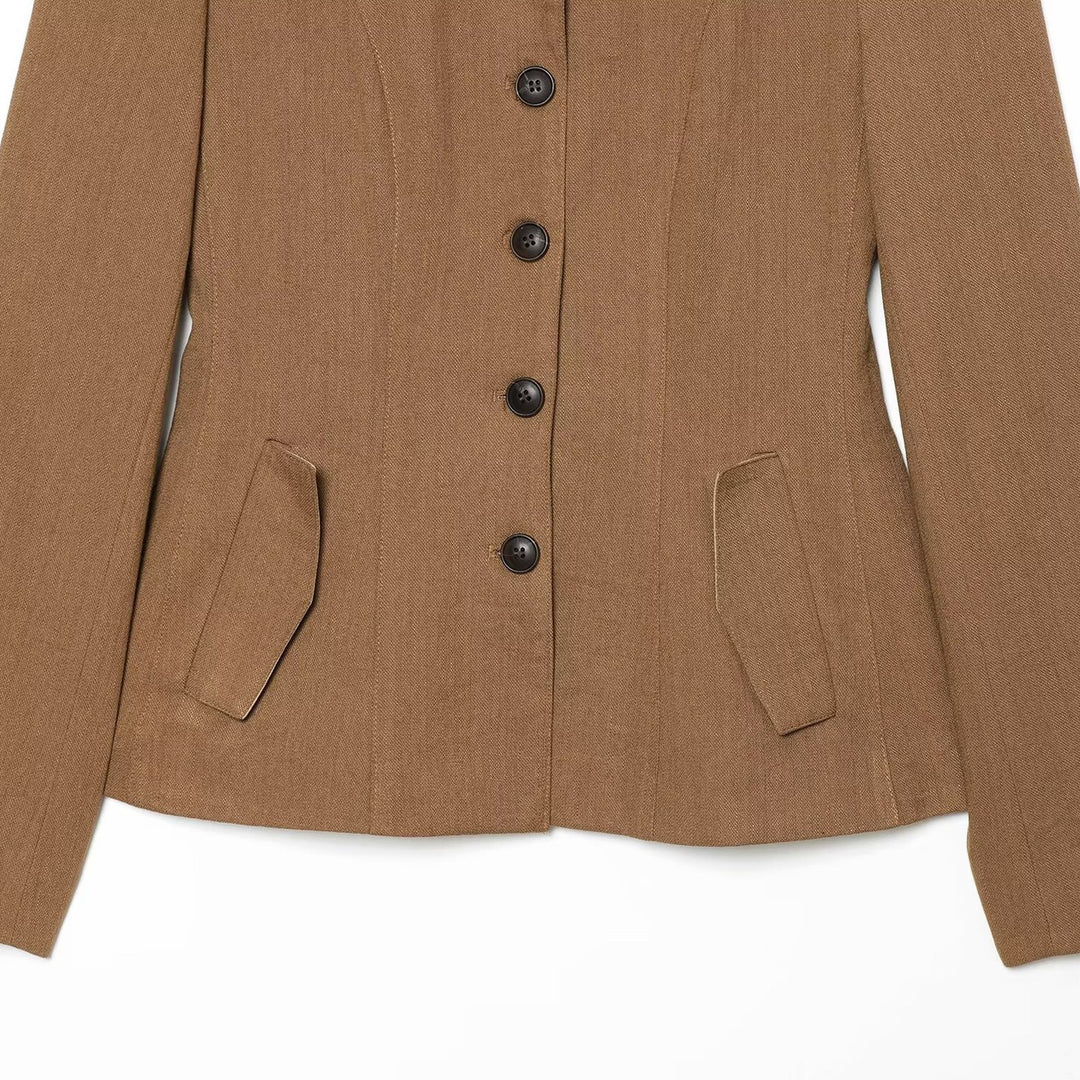Damen Taillierter Blazer mit Stehkragen figurformenden Abnähern und Pattentaschen Nord Taschen