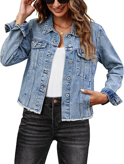 Damen Kurz geschnittene Jeansjacke mit Fransen-Saum und aufgesetzten Brusttaschen Nord Taschen