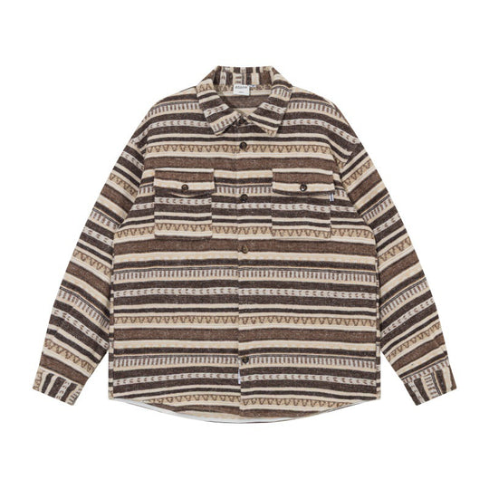 Unisex Oversize-Strickshirtjacke im Ethno‑Streifenmuster mit Pattentaschen Nord Taschen