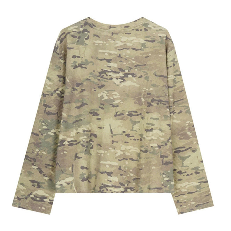 Damen Langarm-Henleyshirt im Waffelstrick mit Militär-Camouflage-Print und Knopfleiste Nord Taschen