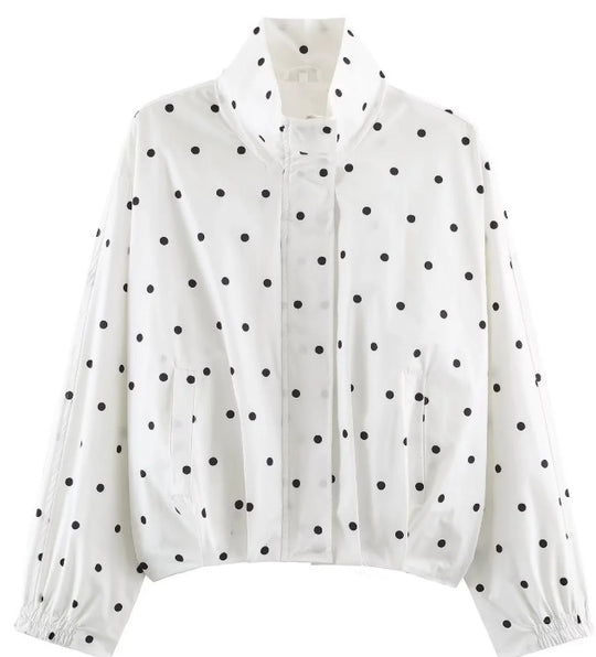 Damen Gepunktete Cropped Blousonjacke mit Stehkragen, elastischem Saum und verdeckter Knopfleiste Nord Taschen