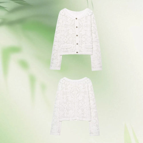 Damen Gehäkelte Kurzjacke im Bouclé‑Look mit Zierknöpfen und aufgesetzten Taschen Nord Taschen