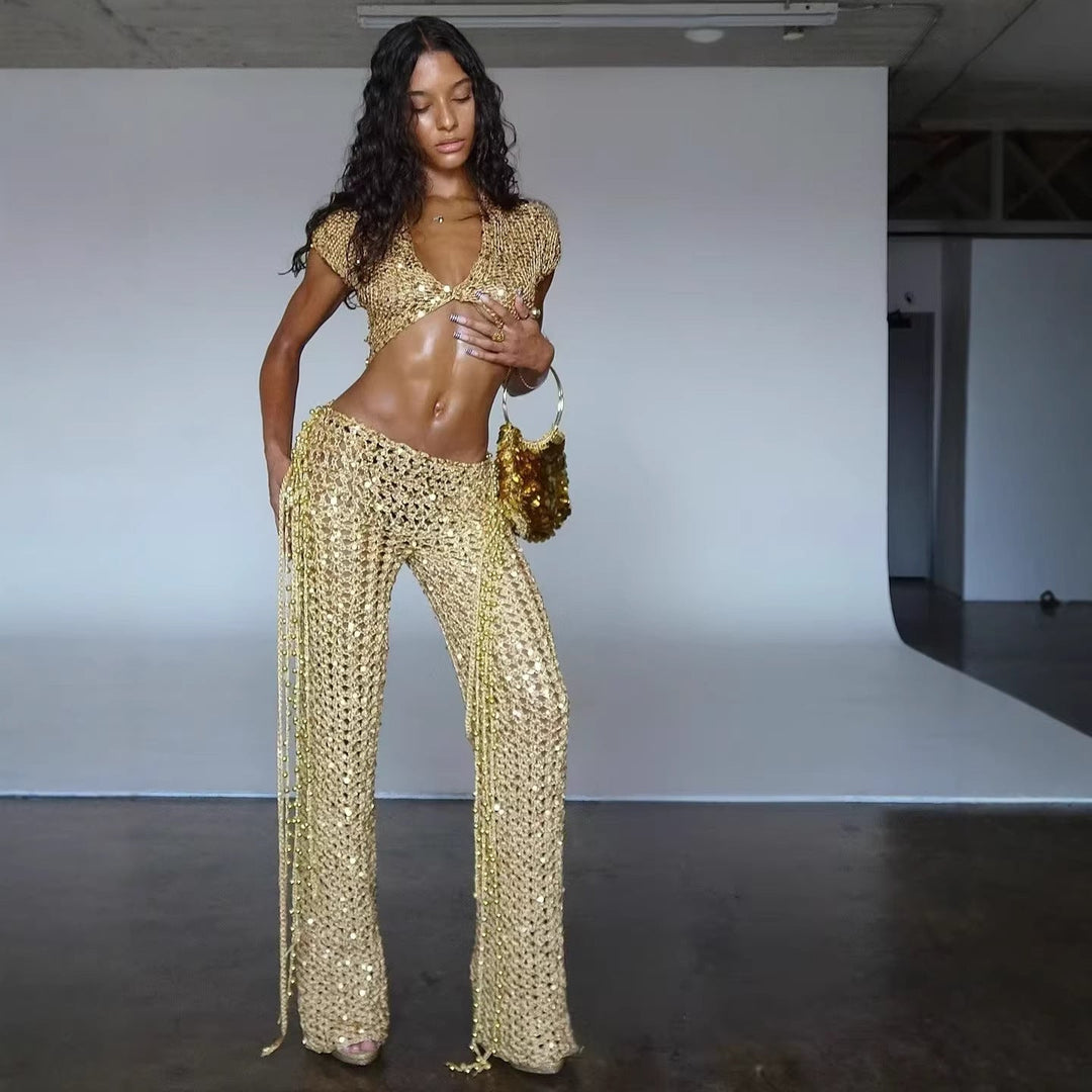 Damen Glitzerndes Festival-Outfit mit kurzem Rock und Bandeau-Oberteil