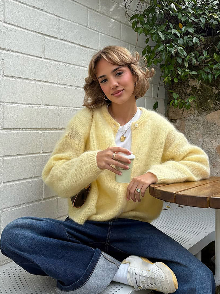 Damen Flauschige Kurzjacke aus Mohair‑Mix mit Rundhals und kastiger Silhouette Nord Taschen